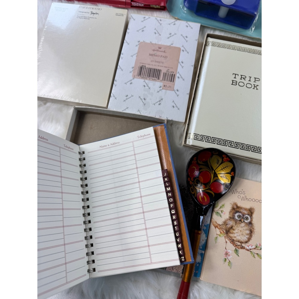 Vintage Owl Trip Book Address Telephone Memo‎ Pad Pencils Wind Sock Set Lot - Picture 8 of 13